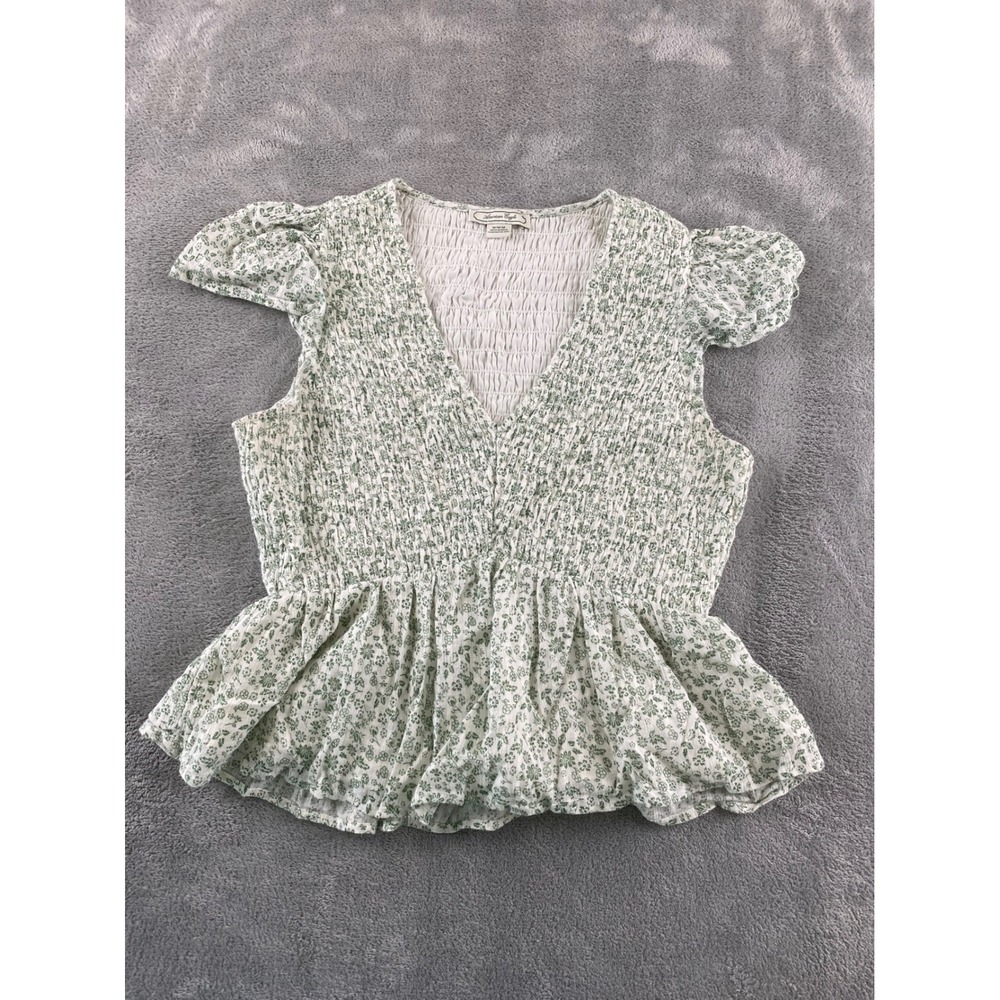 American Eagle Womens Green Floral Smocked Peplum V-Neck Cap Sleeve Top Size M